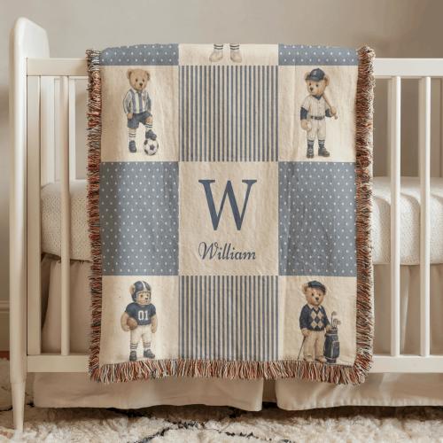 Personalized Sports Teddy Woven Blanket, Custom Baby Boy Nursery Throw, Vintage Patchwork Name Blanket Gift For Kids
