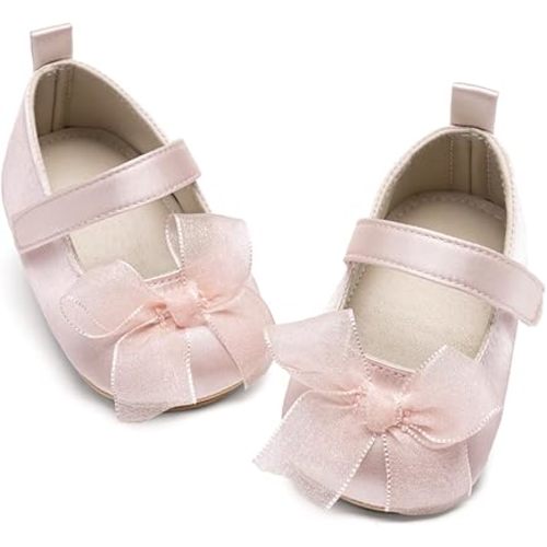 Baby Mary Jane Flats for Girls with Bowknot Cotton Anti Skid Sole Infant First Walker Princess Dress Crib Wedding Shoes