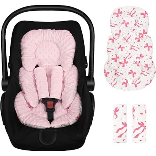 Infant Car Seat Insert with 2 Strap Pads, Super Soft Carseat Head and Body Support for Baby Boys and Girls, Reversible Newborn Car Seat Insert Cushion for Strollers, Bouncers, Swing, Pink Bow