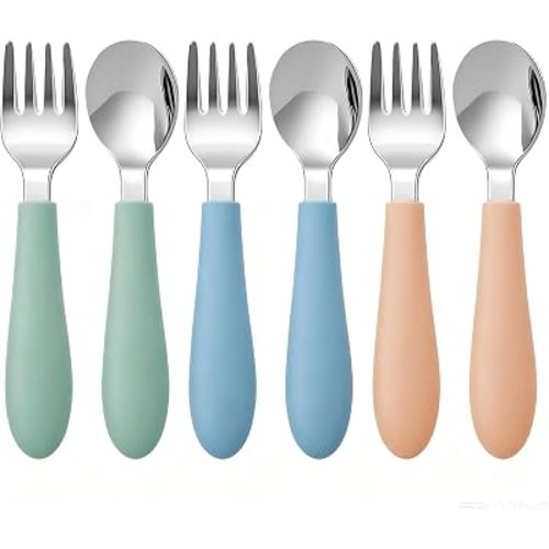 Pimoys Toddler Fork and Spoon Set, 6-Piece Stainless Steel, 3 Colors
