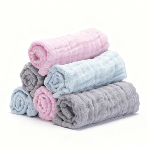 Bear Rocket Organic Muslin Baby Washcloths 6 Pack Baby Bath Face Towel 12x12 Inch Extra Absorbent and Soft Burp Cloth and Wash Cloths for Newborn-Infants On Sensitive Skin (Grey Pink Blue)