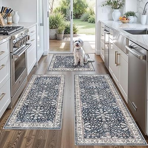 Kitchen Rug Sets 3 Piece Non Skid – Washable Small Kitchen Rugs and Runner Set for Sink Entryway Bathroom Hallway – Soft Low Pile Floor Mats (Blue,2x3,2x4,2x5)