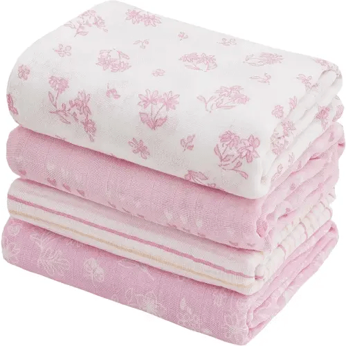 Viviland Muslin Swaddle Blankets, Swaddle Wrap for Boys and Girls, Breathable and Skin-Friendly Baby Receiving Blankets, Baby Essentials, 4-Pack Flowers & Heart, 47 x 47 inches