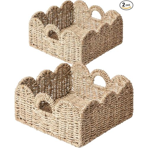 Scalloped Basket 2 Pack Wicker & Rattan Storage with Built-in Handles, Decorative Woven Seagrass Basket for Nursery & Bathroom Organization