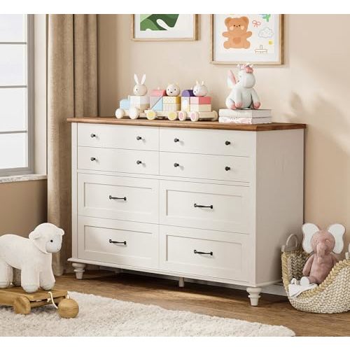 WAMPAT Kids Dresser for Nursery with 8 Drawers, Off White Baby Dresser for Kids Room, Wide Wooden Chests & Dressers for Bedroom, Distressed Mid Centuy Storage Organizer for Child’s Room, 54 Inch