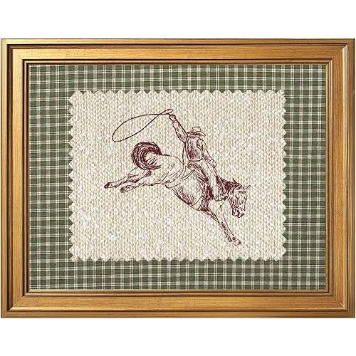 Framed Vintage Rodeo Cowboys Canvas Wall Art Western Striped Print Rustic Americana Poster Embroidery Style Cowboy Rider Artwork Rustic Wild West Picture for Living Room Men Bedroom 12x16inch Gold