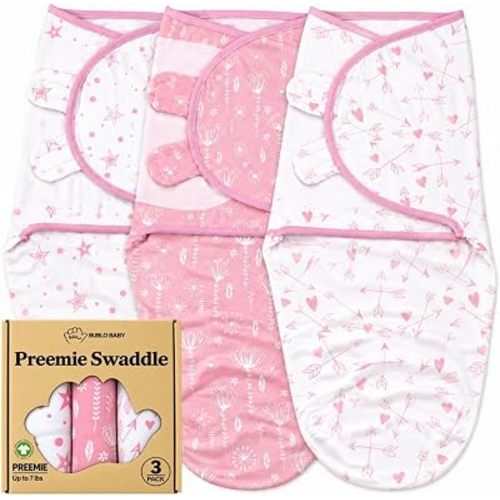 Preemie Swaddle Blanket 3-Pack, GOTS Certified Organic Cotton, Adjustable Hook-and-Loop Swaddle Sack for NICU & Newborn Babies, Soft Breathable Wrap, Reduces Startle Reflex, Up to 7 lbs