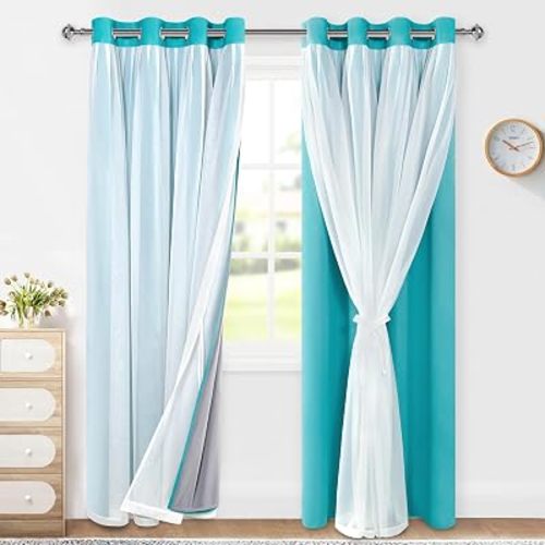 XWZO 100% Blackout Curtains with Sheer Overlay, Double Panel Grommet Thermal Insulated Privacy Curtains with Black Liner for Bedroom, Living Room, 2 Panels with Tiebacks, 52x84, Turquoise