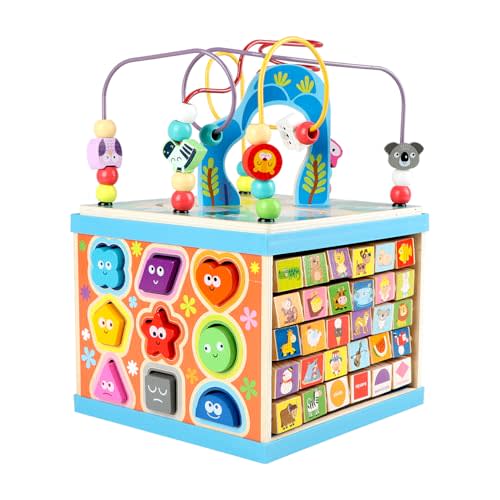 Qilay Wooden Activity Cube for Toddlers, 5 in 1 Multipurpose ABC-123 Abacus Early Educational Montessori Toys, Learning Toys for 3 Year Old | Bead Maze, Great for Boys Girls