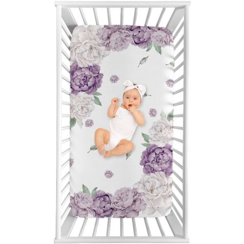 Sweet Jojo Designs Girl Photo Op Fitted Crib Sheet Peony Floral Garden Purple Ivory