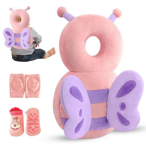 Baby Head Protector Backpack – Toddler Safety Cushion for Crawling & Walking – Infant Fall Protection Pillow with Adjustable Straps – Comes with Knee Pads & Non-Slip Baby Socks (Butterfly)