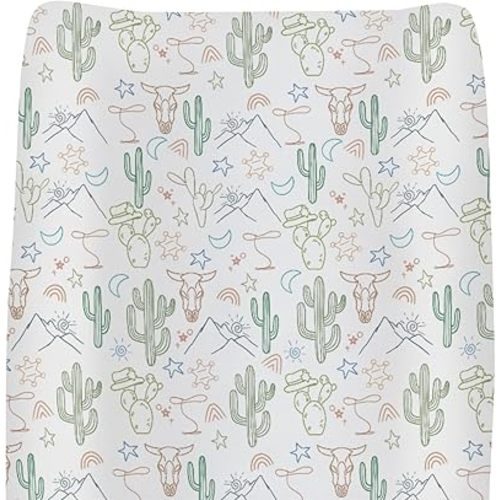 Minimalist Western Baby Changing Pad Covers for Boy Girl Vintage Cow Skull Cactus Mountain Sun Fitted Change Table Covers Mats Wild West Desert Plant Soft Diaper Changing Pad Sheets 32''×16''