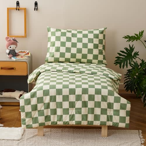 CLOTHKNOW Plaid Toddler Bedding Sets for Boys Girls 4Pieces Green White Grid Checkerboard Pattern, Soft Crib Bed Set