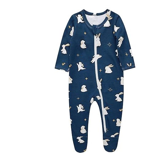 O2 BABY Baby Boys Girls Organic Cotton Zip Front Sleeper Pajamas, Footed Sleep 'n Play(0-3 Months, Bunny)