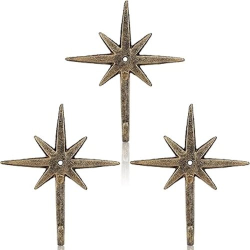 3 Pcs Cast Iron 8 Pointed Atomic Starburst Cute Wall Hooks Mid Century Star Hooks Modern Decor Easy Install Decorative Towel Hook for Coats Aprons Hats Vintage and Eclectic Decor