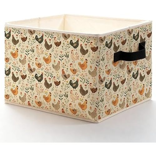 Rustic Floral Chicken Storage Bins Box, Toybox for Girls, Farmhouse Countryside Flower Chicken Foldable Baskets Organizer with Handles for Bedroom Bathroom Home Clothes Toys Books