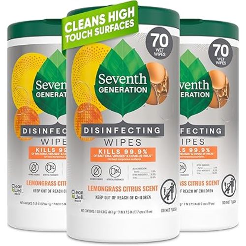 Seventh Generation Disinfecting Multi-Surface Wipes, Lemongrass Citrus, 70 Count, Pack of 3 (Packaging May Vary)