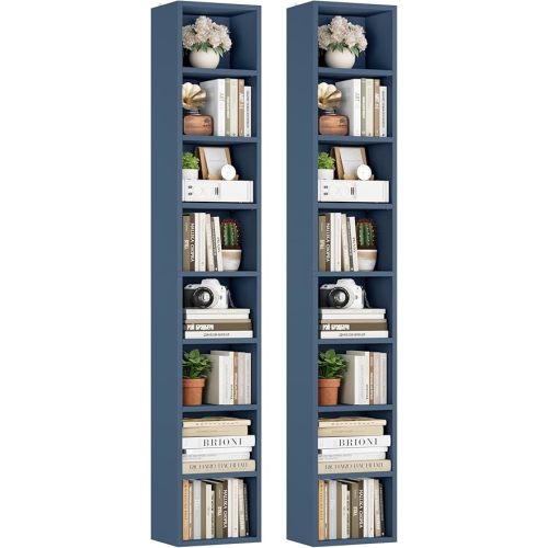 FOTOSOK 2 Pcs 71'' Tall Narrow Bookshelf, 8-Tier Media Tower Rack Set of 2, CD DVD Storage Cabinet with Adjustable Shelves, Tall Narrow Bookcase Skinny Display Bookshelf Slim Shelf, Blue
