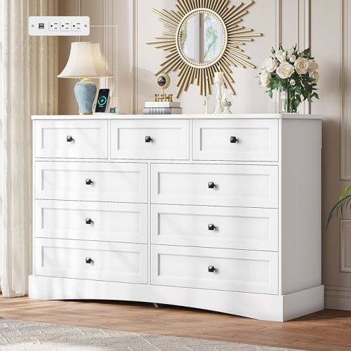 White Dresser for Bedroom with 9 Drawers, 51.2" Large Drawer Dressers with Charging Station, Wide Farmhouse Dressers Chest of Drawers, Wooden Storage Tower Organizer, Dresser for Bedroom Closet