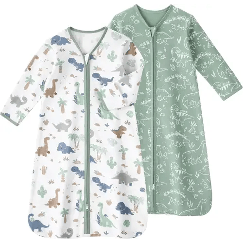 Baby Sleep Sack 6-12 Months, Long Sleeve Baby Wearable Blanket 0.5 Tog with Mittens, 2-Way Zipper Infant Cotton Sleeping Sack for Boy and Girl Green Dinosaur 2 Pack (Medium)