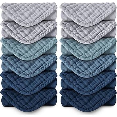 MOON PARK Baby Washcloths, 12 Pack - 12x12 Inches, Small Burp Cloths and Baby Wipes - 100% Cotton Muslin Ultra Soft for Newborn, Infant and Toddlers - Slate, Grey and Navy Series