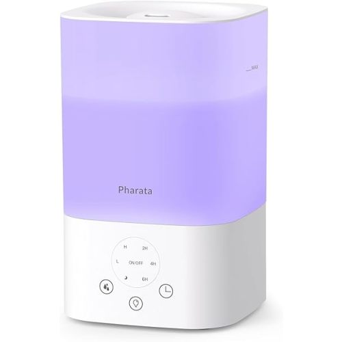 Pharata Humidifiers for Bedroom Home, 3.5L Top Fill Air Cool Mist Humidifiers for Baby Large Room Indoor Plants Nursery, Night Light, White