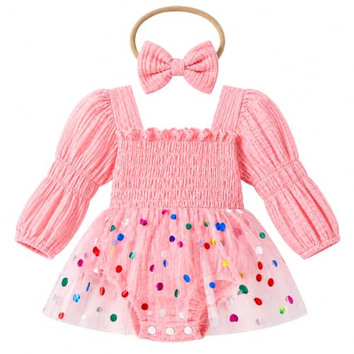 Baby Girl Tulle Romper Dress Long Sleeve Bodysuit Outfit Set | Floral Embroidery,Snap Closure,Tulle Mesh,Puff Sleeve,Matching Headband