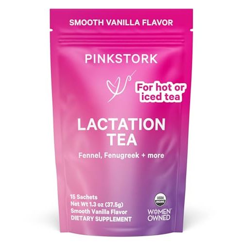 Pink Stork Organic Lactation Support Tea for Breast Milk Supply - Fenugreek, Milk Thistle, + Fennel - Breastfeeding Essentials, Caffeine-Free - Hot or Iced - 15 Sachets, Smooth Vanilla