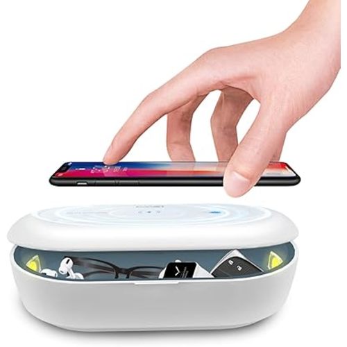 UV Light Sanitizer Box with Wireless Charging, 8 UV-C LED Lights for Phones, Toothbrushes, Nail Tools, Jewelry, and More (White)