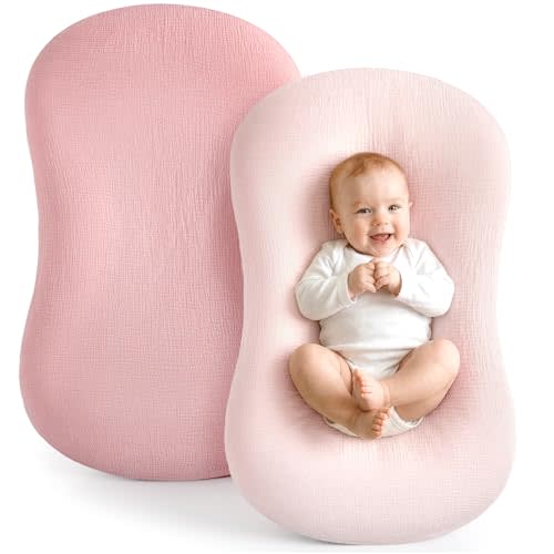 Termichy Baby Lounger Covers Muslin: Soft and Breathable Slipcover for Snuggle Me Lounger - Machine Washable & Zipper-Free for Safe Daily Use - Pink & Blush for Girls