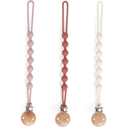 Pacifier Clip, 3 Pack Silicone Pacifier Clips with Wooden Design Pacifier Holder Clip, Soother Clips for Baby Boy & Girl (White+Light Purple+Bean Paste)