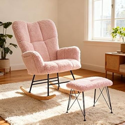 KEEZY Nursery Rocking Chair with Footrest Upholstered Glider Rocker Rocking Accent Chair Padded Seat with High Backrest Armchair Comfy Side Chair for Living Room Bedroom (Pink)
