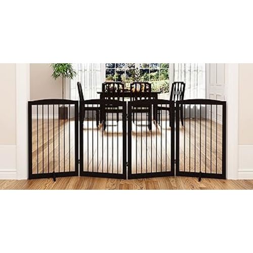 PUPETPO Freestanding Pet Gate for Dogs, Indoor Wooden Foldable Dog Gate for House, Doorway, Stair, 80 Inch Wide, 4 Panels 32",Brown