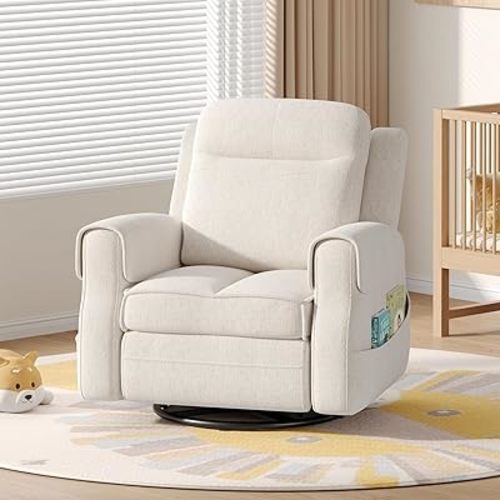 Maupvit Faux Shearling Recliner Chair - 360° Swivel Rocker with Adjustable Footrest and Backrest, Plush Upholstered Single Sofa for Small Spaces, for Living Room/Nursery/Home Theater (White)