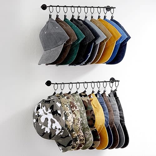 Viklluyr Hat Rack for Baseball Cap Hat Storage with 20 Hooks - Modern Metal Hat Organizer Wall Mounted Caps Hanger Set of 2 for Closet Door Bedroom Entryway Laundry