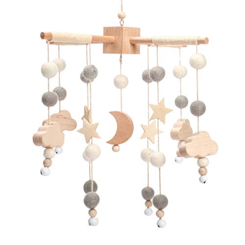 HYPERLIVING Baby Crib Mobile Decor - Wooden Moon and Stars Nursery Mobiles with Cloud for Bassinet Starry Night Handmade Soft Felt Beads Hanging Wind Chime Toys Pendant for Infant Newborn Boy and Gir