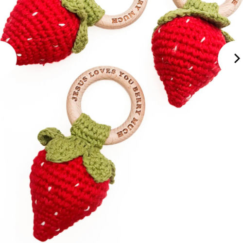 Jesus Loves You Berry Much Strawberry Knitted Teether Rattle