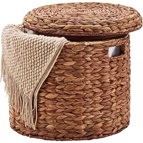 17" Round Storage Ottoman with Lid Handwoven Water Hyacinth Accent Side Table, Storage Container, Footstool for Living Room, Bedroom, Cloakroom, Home Office