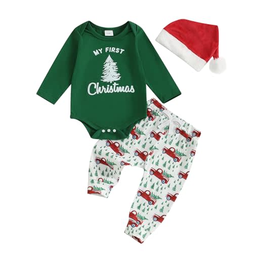 Baby Boy Clothes My First Christmas LongSleeve Romper Top&Pants Red Hat Newborn Christmas 3Pcs Outfits