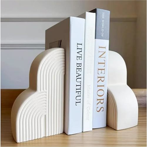 Concrete Bookends Decorative for Heavy Books - Aesthetic Boho Style Set of 2, White Decorative Bookends for Shelves, Office Boho Decor, Home Decor, or Library Decor (Cream White)