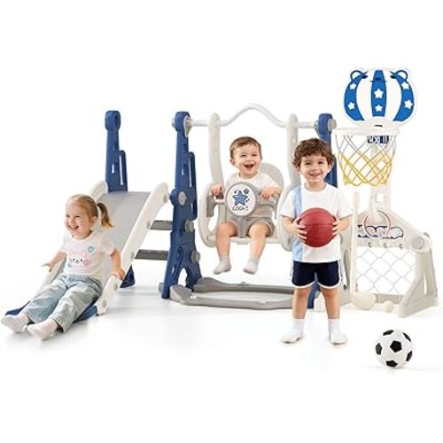 Toddler Swing and Slide Set - 6 in 1 Baby Slide for Toddlers Age 1-2, with Basketball Hoop, Soccer and Golf Game, Indoor Outdoor Toddler Playset Blue