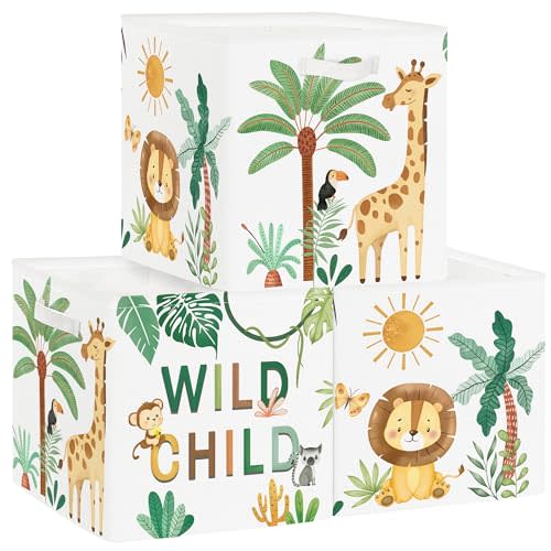 HUUMONSS 11.8" Boho Woodland Animal Storage Cube Organizer Lion Giraffe Palms Clothes Storage Basket Bin for Closet Shelf Tropical Leaves Nursery Kid Room Book Toy Chest, 3Pcs