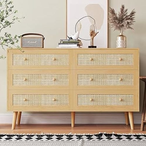 Rattan Dresser for Bedroom, Modern 6 Drawer Dressers & Chest of Drawers, Natural Boho Dresser with Handles Wood Storage Organizer Modern Dressers for Closet, Hallway, Office