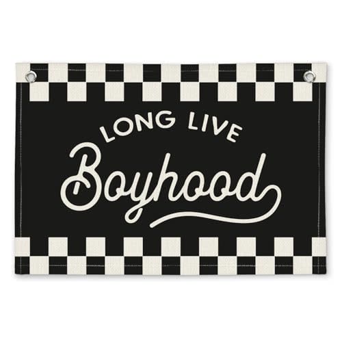 ETVISO Trendy Checkered Long Live Boyhood Boys Room Decor - Linen Banner Wall Hanging Canvas Banner Flag Decor for Toddler Boy Bedroom Nursery Playroom
