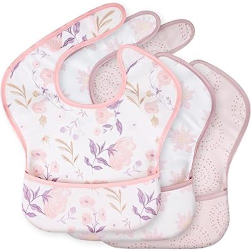 3-Pack Waterproof Baby Bibs for Eating - Mess Proof Lightweight Toddler Feeding Bibs with Large Food Catcher, Food-Grade Baby Eating Essentials, Easy to Put On & Clean(Light Pink Blossom)