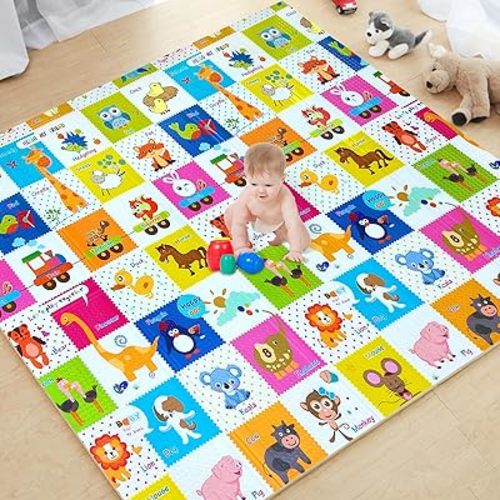 Baby Play Mat 79"×71", Mergren Extra Large Foldable Foam Floor Play Mat for Babies XPE Waterproof Crawling Mat, Anti-Slip,Toddlers, Infants, Reversible