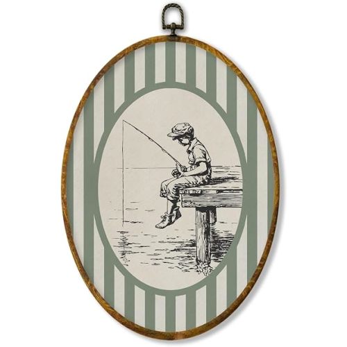 XPH 1260- Fishing Boy Nursery Oval Wall Art Framed, Kids Room Oval Wall Decor, Green Striped Boy Fishing Hanging Canvas Prints for Home Kids Boy Nursery Room Bedroom Playroom Decoration, 8.6x11.4 Inch