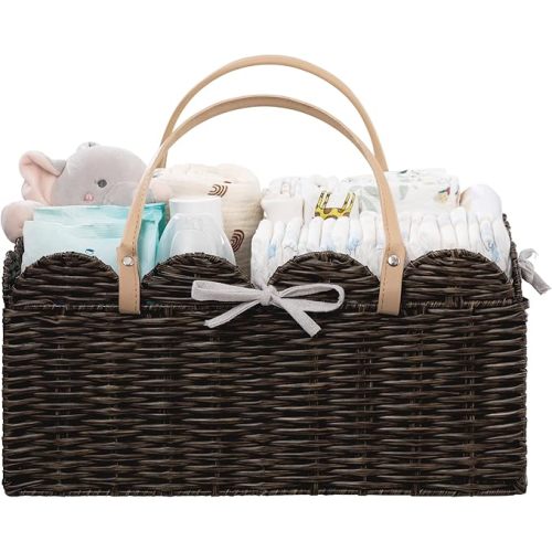HBlife Baby Diaper Caddy Organizer, Large Portable Scalloped Plastic Wicker Woven Basket with Divider, Nursery Diaper Station, Baby Shower Gifts Basket, Car Organizer, Washable Waterproof