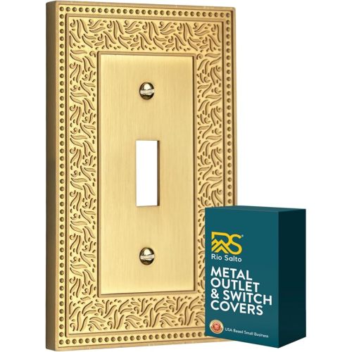 Rio Salto Laurel Collection Single Toggle Gold Light Switch Cover Plate – Medium 3" x 5" Brushed Brass Metal Wall Plate, Luxury Decorative Flip Switch Plate for Home Improvement & Living Room Decor