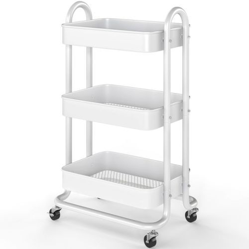 SUGIFT Rolling Bar Cart with Removable Top Tray, 3-Tier Metal Kitchen Serving Cart with Lockable Wheels